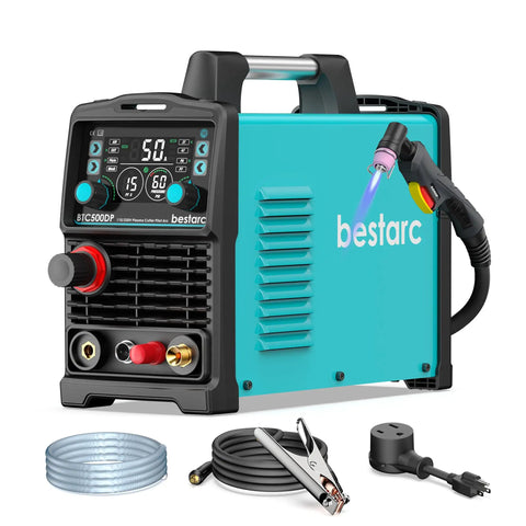 Dual Voltage 110 To 220V Pilot Arc Plasma Cutter Beast Mode With 50A Power, One Half Inch Clean Cut, front view with accessories