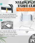 Infographic showing steps to install 16 Pack Table Rim Clips For Glass And Acrylic Tabletops Nylon White Clips One And One Quarter Inch By Thirteen Sixteenths Inch Patio Furniture Clips For No Fuss Install To Help Support Rims And Keep Tops Steady, with measurement tips and material details displayed.