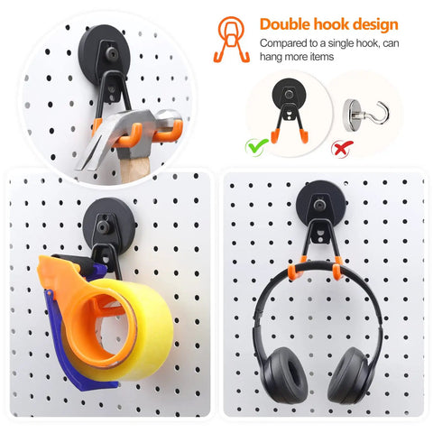 Heavy Duty Magnetic Hook Set Three Pack with Double Hanging Design for Garage Tools and Hoses 2.6 Inch Industrial Utility Hangers with hammer, tape, and headphones hanging on pegboard