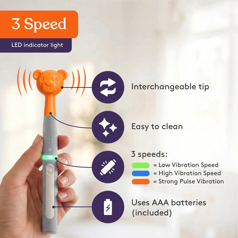 Calming Oral Motor Stimulation Kit with six soft textured heads showing bear shape tip, speed options, and LED light