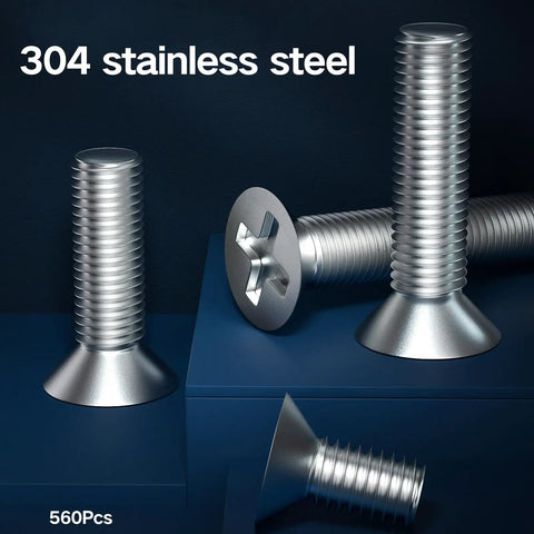 Flat Head M2.5 Stainless Steel Screws Kit 304 Full Thread Fasteners Assortment for Wall Plates and Electronics 560 pcs
