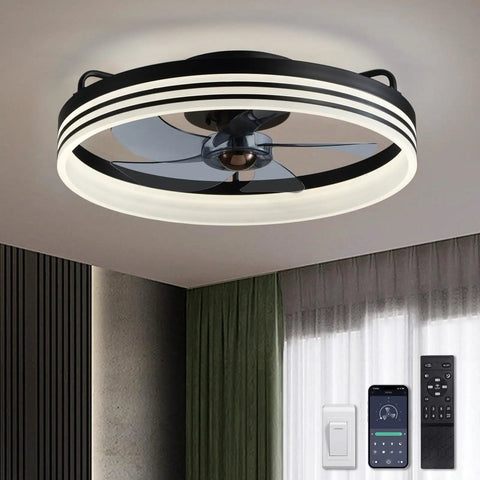 Ceiling Fan With Light 20 Inch Black Flush Mount Low Profile With 6 Speeds Dimmable LED Light Timing Reversible Wind And Memory Function