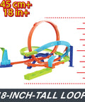 Action Loop Cyclone Challenge Car Track Set With Boomerang Loops, 18 Inch Tall Raceway, shown in multi-color setup.