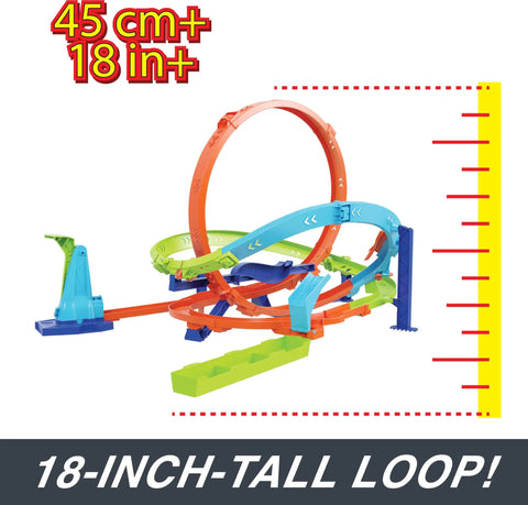 Action Loop Cyclone Challenge Car Track Set With Boomerang Loops, 18 Inch Tall Raceway, shown in multi-color setup.