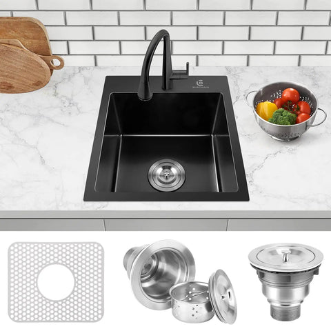 Drop In Kitchen Sink 17 By 15 Inch Top Mount Bar Sink 16 Gauge Stainless Steel Single Bowl with Black Finish and Sink Protector