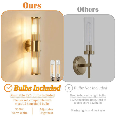 Klighten Hardwired Wall Sconce Modern Brushed Brass Bathroom Vanity Light with E26 bulbs, features elegant glass rods and warm light.