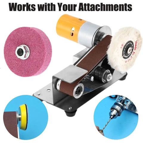 Top Shelf Mini Belt Grinder Sharpening Knife With Powerful Pure Copper Motor And Adjustable Speed Settings From 4000 To 9000 Rmin for attachments.