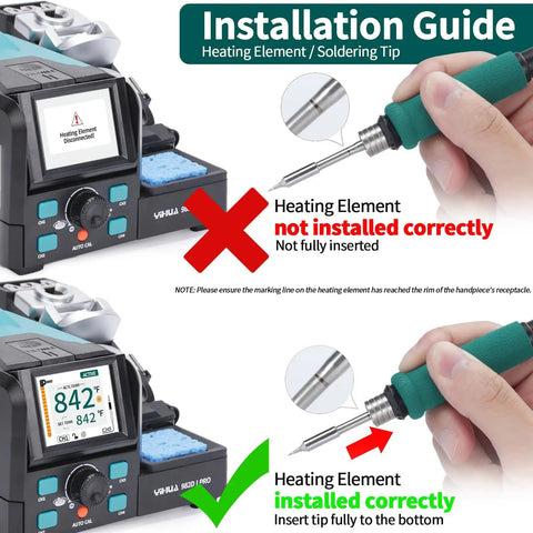 Installation guide for the Two In One Microsoldering Station With Precision Iron And Hot Tweezers showing correct and incorrect tip insertion.