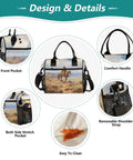 Design details of Desert Cowboy Themed Insulated Lunch Bag For Women Large Leakproof Cooler Tote with pockets, handle, and strap.