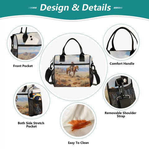 Design details of Desert Cowboy Themed Insulated Lunch Bag For Women Large Leakproof Cooler Tote with pockets, handle, and strap.