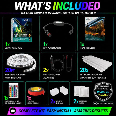 12V RV Awning Lights DIY Kit with 20 Foot RGB LED Strip, V2.1 Upgrade, Exterior IP68 Water Resistant Campers Lighting System contents.