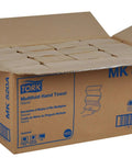 Front view of a Tork Multifold Hand Towels box, natural color, MK520A, 16 packs of 250 sheets