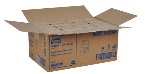 Front view of a Tork Multifold Hand Towels box, natural color, MK520A, 16 packs of 250 sheets