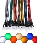 56 Piece DC 12V 5mm LED Light Kit With Prewired Resistors, Clear Lens, showing bundled wires and color samples.