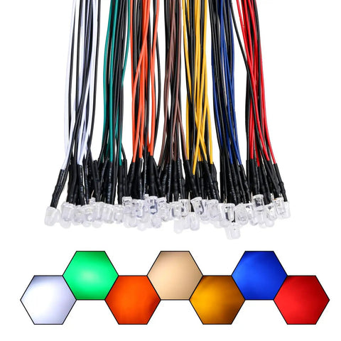 56 Piece DC 12V 5mm LED Light Kit With Prewired Resistors, Clear Lens, showing bundled wires and color samples.