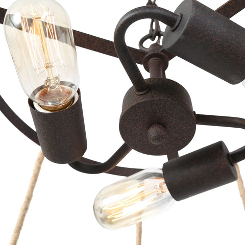 Close-up of bulbs in Farmhouse Bronze Drum Chandelier With Hemp Rope, 3 Light Dining Room And Kitchen Island Lighting, 16.5 Inch.