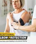 Woman using Two Pack Elbow Compression Sleeve For Tendonitis And Tennis Elbow Relief Golfers Elbow Support Non Slip 3D Knit Arm Guard
