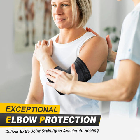 Woman using Two Pack Elbow Compression Sleeve For Tendonitis And Tennis Elbow Relief Golfers Elbow Support Non Slip 3D Knit Arm Guard