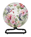 Hardcore Heavy Duty Fan Cover Fits 24 Inch Outdoor Industrial And Pedestal Models With Bold Hummingbird Floral Print on stand.