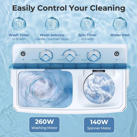 No Sweat Compact Twin Tub Washer And Spinner Combo Portable 20 Lb Heavy Duty Laundry Machine controls with wash timer and settings.