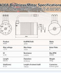 Diagram and specifications of 2050Kv 4 Pole Brushless Motor K4068 5S Hi Torque for 1/8 Scale RC Buggy Truggy Monster Cars and Trucks