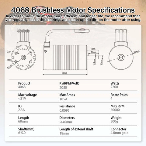 Diagram and specifications of 2050Kv 4 Pole Brushless Motor K4068 5S Hi Torque for 1/8 Scale RC Buggy Truggy Monster Cars and Trucks