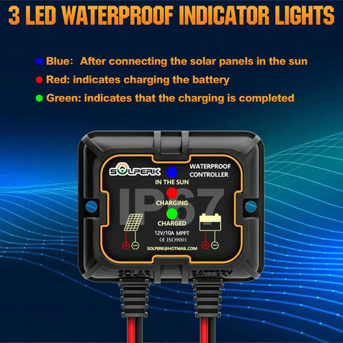 Close-up of MPPT Solar Charge Controller 10A 12V Waterproof IP67 showing LED indicator lights