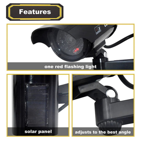Features of Solar Powered Fake Security Camera With Realistic Red Flashing Lights, Bullet Style for Indoor and Outdoor Use, 4 Pack