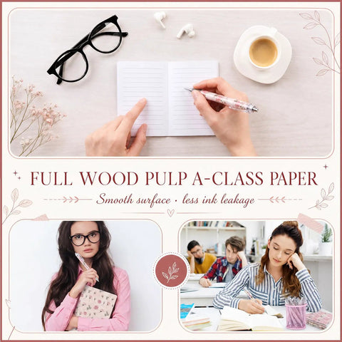Floral Rose Pink Pen And Notepad Gift Set with student using ballpoint pen and notepad, office desk accessories