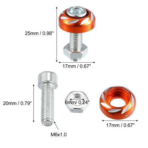 Orange Aluminum Alloy License Plate Bolts Screws Nuts 4 Pack For Cars And Motorcycles Universal Fit M6x1.0 Threads 6mm Diameter 20mm Length 25x17mm Head Size Easy Install And Secure Hold