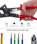 Heavy Duty Ratchet Cable Wire Cutter For Slick One Hand Operation With High Voltage Insulated Handles And Quick Release Lever To Cut Copper Or Aluminum Without Any Hassle, showcased in a hand, demonstrating its ergonomic design.