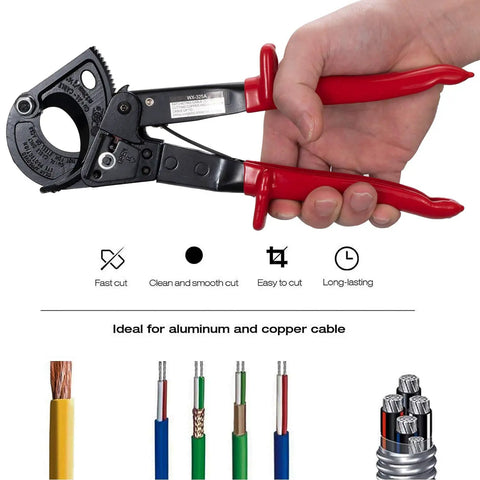 Heavy Duty Ratchet Cable Wire Cutter For Slick One Hand Operation With High Voltage Insulated Handles And Quick Release Lever To Cut Copper Or Aluminum Without Any Hassle, showcased in a hand, demonstrating its ergonomic design.