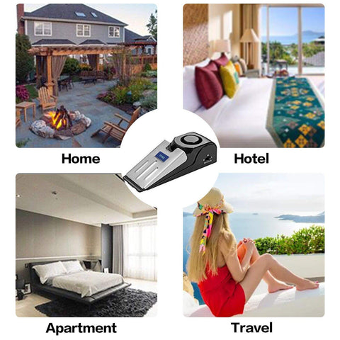 Portable Door Stop Alarm 2 In 1 Security Alarm Door Stopper With 120db Loud Entrance Alert displayed with home, hotel, apartment, travel scenes.