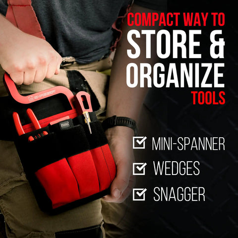 Firefighter Pocket Tool Organizer Pouch With Webbing Carry Handle Durable Gear Pouch For Fire Tools Compact Kit Bag With Front Pockets For Shove Knife Entry Wedges Snagger Tool And More shown holding tools.