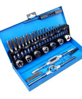 Ultimate 32-Piece Tap And Die Set With Metric Hand Threading Tools For M3 To M12, Precision Tungsten Carbide Cutting Bits Perfect DIY Gear For Pros. Open blue case with M3-M12 taps, dies, and handles