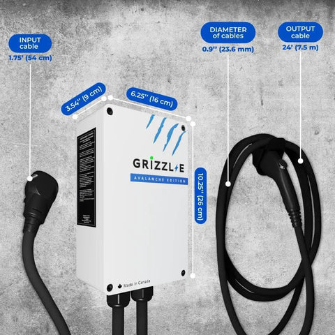 Heavy Duty Level Two Electric Charger With Forty Amp Juice Ul Certified Indoor Outdoor Wall Mount Charging Station Nema 14 50 Plug And 24 Foot Cord For Plug And Play Fast Charge Always dimensions and cables visible.
