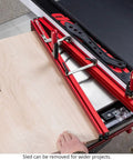 Heavy Hitting 48 Inch Precision Taper Jig For Table Saw showing extendable support and MDF sled in use for woodworking cuts.