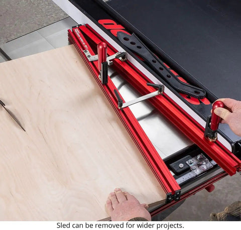 Heavy Hitting 48 Inch Precision Taper Jig For Table Saw showing extendable support and MDF sled in use for woodworking cuts.