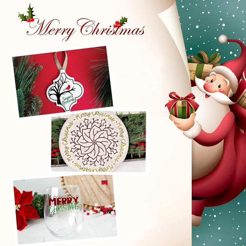 Christmas decor with Santa, ornament, vinyl coated plate, and glass cup using Clear Vinyl Transfer Tape Roll With Alignment Grid 12 Inch By 50 Feet For Silhouette Cameo No Fuss Easy Release Application Tape Adhesive Vinyl Decals Signs Windows Stickers.