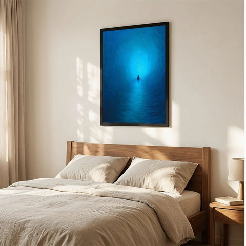 Black Framed Abstract Blue Ocean Rowing Boat Poster Canvas Print Art Modern Minimalist Aesthetic Wall Decor above bed