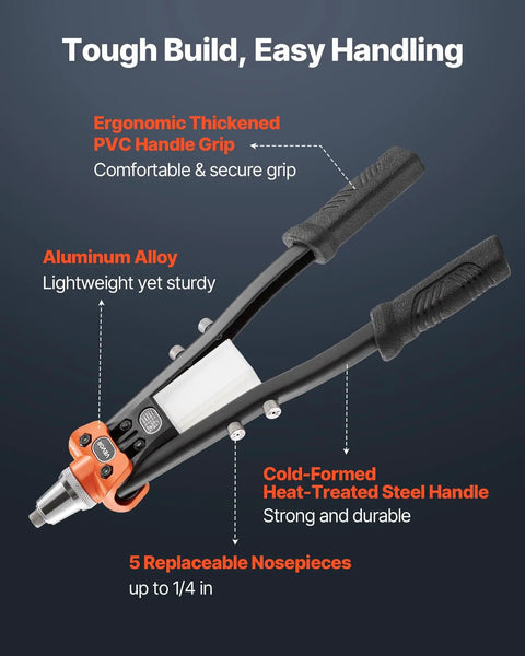 Two-Handed Pop Rivet Gun Kit With 230 Blind Rivets, 5 Interchangeable Nosepieces, 5 Drill Bits, And Heavy Duty Rugged Carrying Case