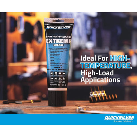Front view of Quicksilver 8 oz high-performance extreme grease tube with blue label