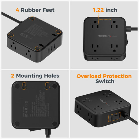 All-In-One Surge Protector Power Strip With 900J Surge Protection, 8 AC Outlets Plus USB C and USB A Ports, 5 Ft Flat Plug, 1250W Max, 11 Devices Charging Station, Black with 4 rubber feet and mounting holes