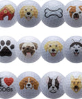 Set of 12 Dog Lover Golf Balls with playful dog and paw print designs, perfect for dog moms and dads in tournaments or casual rounds.