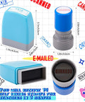 Top Shelf Fourteen Piece Self Inking Office Stamp Set Featuring Slick Business Message Designs For Approved Paid Copy Faxed And Scanned Papers That Make Desk Work Go With Zero Sweat, showing blue stamps.