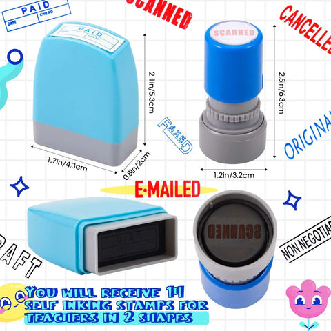 Top Shelf Fourteen Piece Self Inking Office Stamp Set Featuring Slick Business Message Designs For Approved Paid Copy Faxed And Scanned Papers That Make Desk Work Go With Zero Sweat, showing blue stamps.