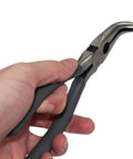 Hand holding an Angled Long Needle Nose Pliers Set With 11 Inch 90 Degree Bent Nose Tips for precision work
