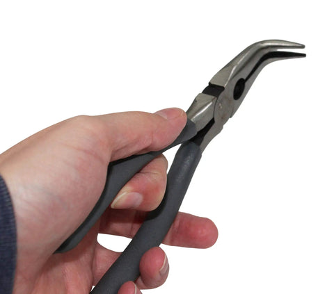 Hand holding an Angled Long Needle Nose Pliers Set With 11 Inch 90 Degree Bent Nose Tips for precision work