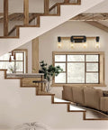 4 light farmhouse bathroom vanity light fixtures with antique wood finish and clear glass shades over mirror in cozy living room
