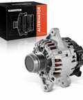 Front view of Premium 12V 115A Alternator For Toyota Corolla 2014-2019 1.8L With 6 Groove Decoupler Pulley Plug-And-Play Direct Fit Clockwise Rotation Replacement 27060-0T230 FG12T050 next to its box